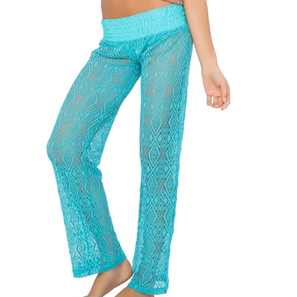 Luli Fama aqua blue crochet lace beach cover up pants Size S